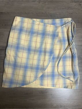 Altar'd State Yellow and Blue Plaid Mini Wrap Skirt